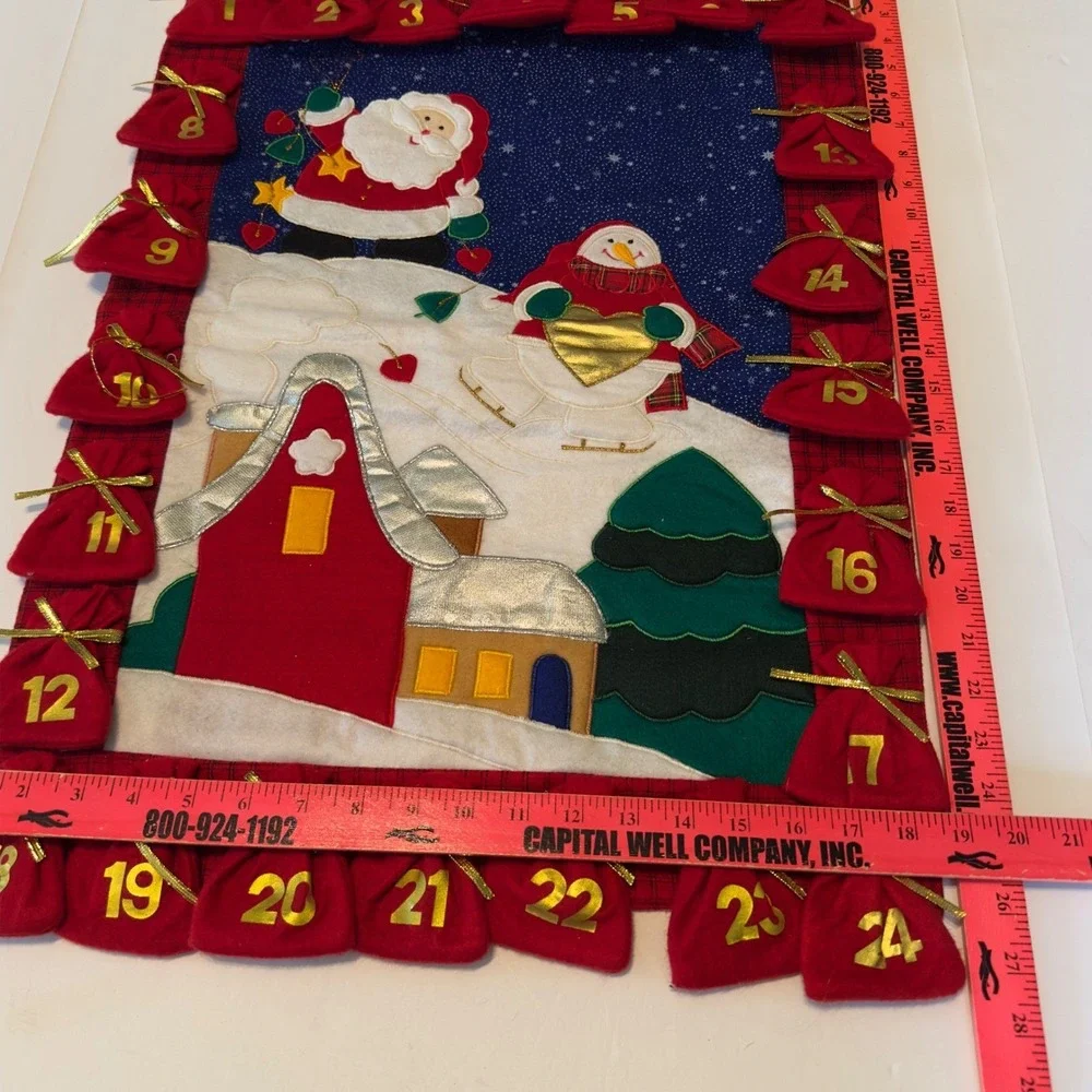 Christmas Advent Calendar Felt Wall Hanging Santa Snowman 24 Drawstring Pockets